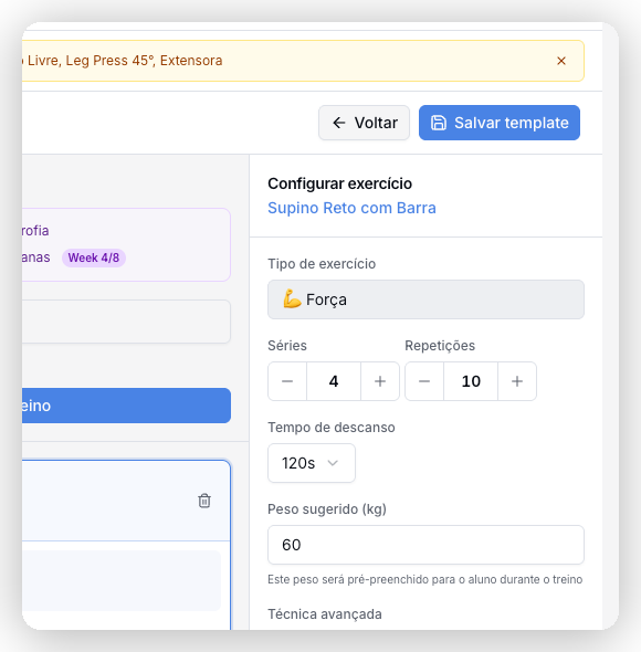 Configuração de exercício com peso sugerido
