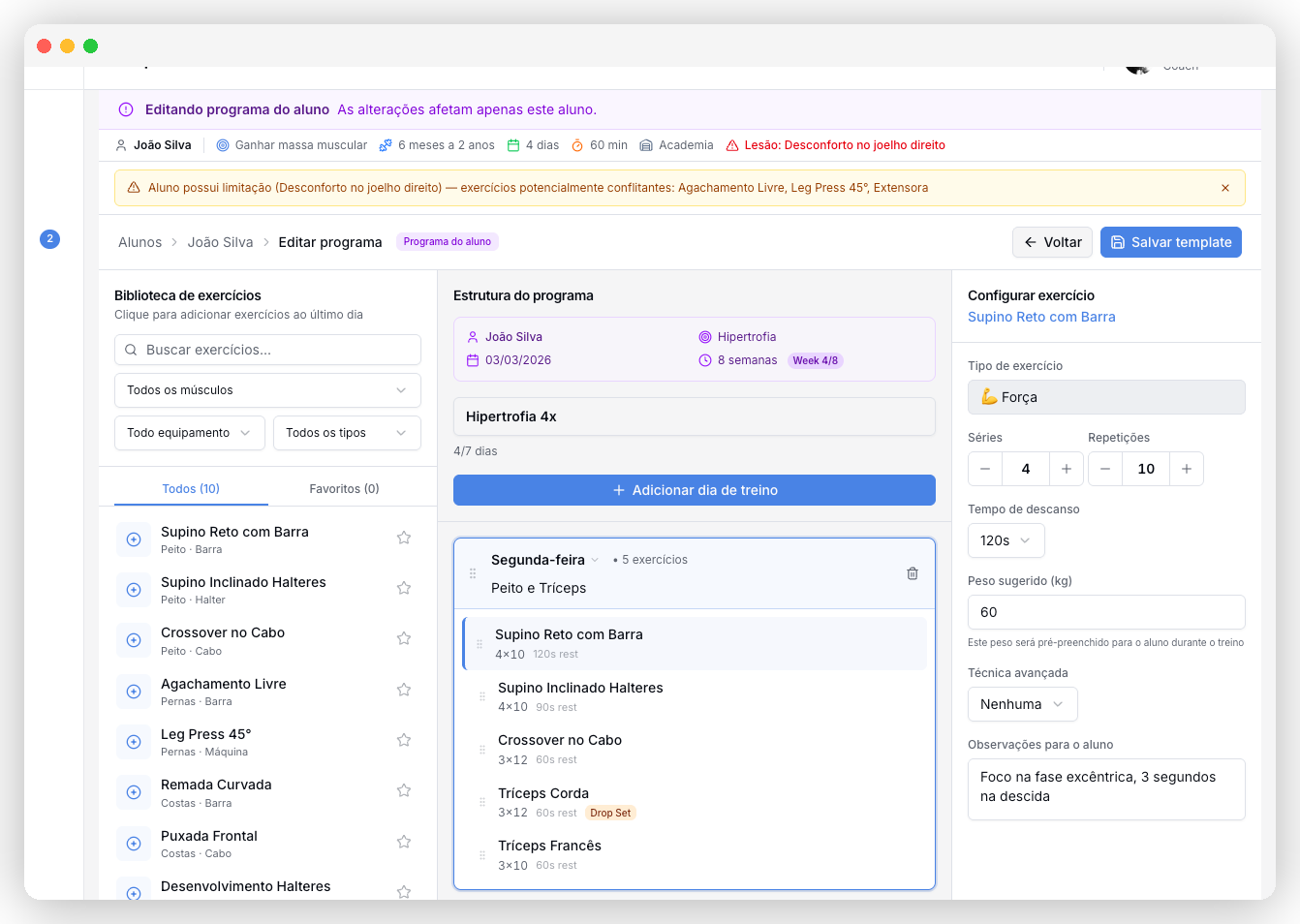 Builder de treinos com biblioteca de exercícios